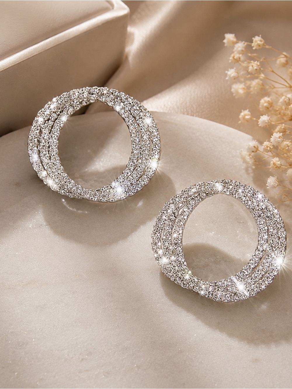 Sparkling Silver Tone Pavé Crystal Open Circle Stud Earrings Statement Glam